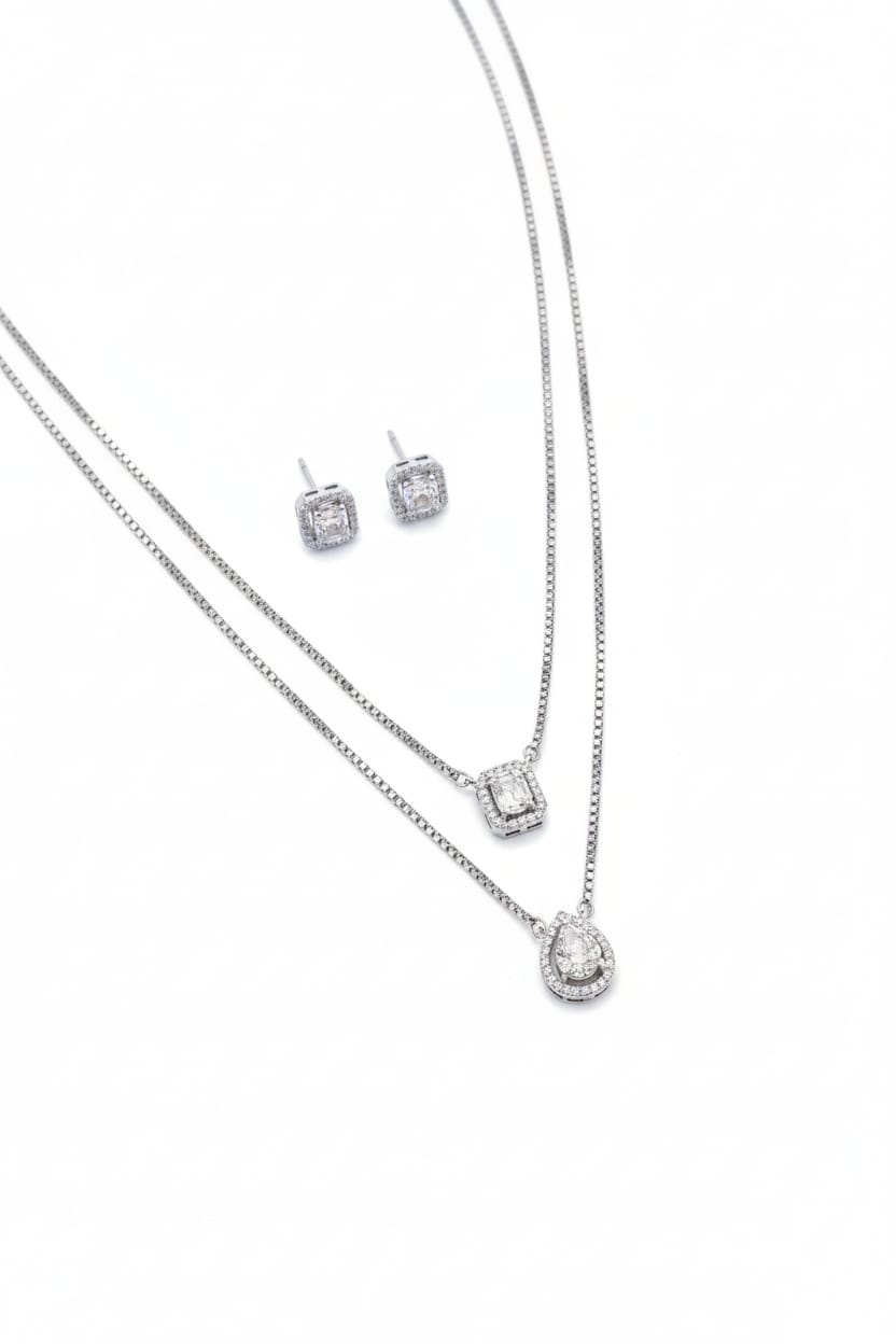 Double Layer Dazzle: Women's Pave Pendant Necklace & Stud Set | Lightweight Regular Wear