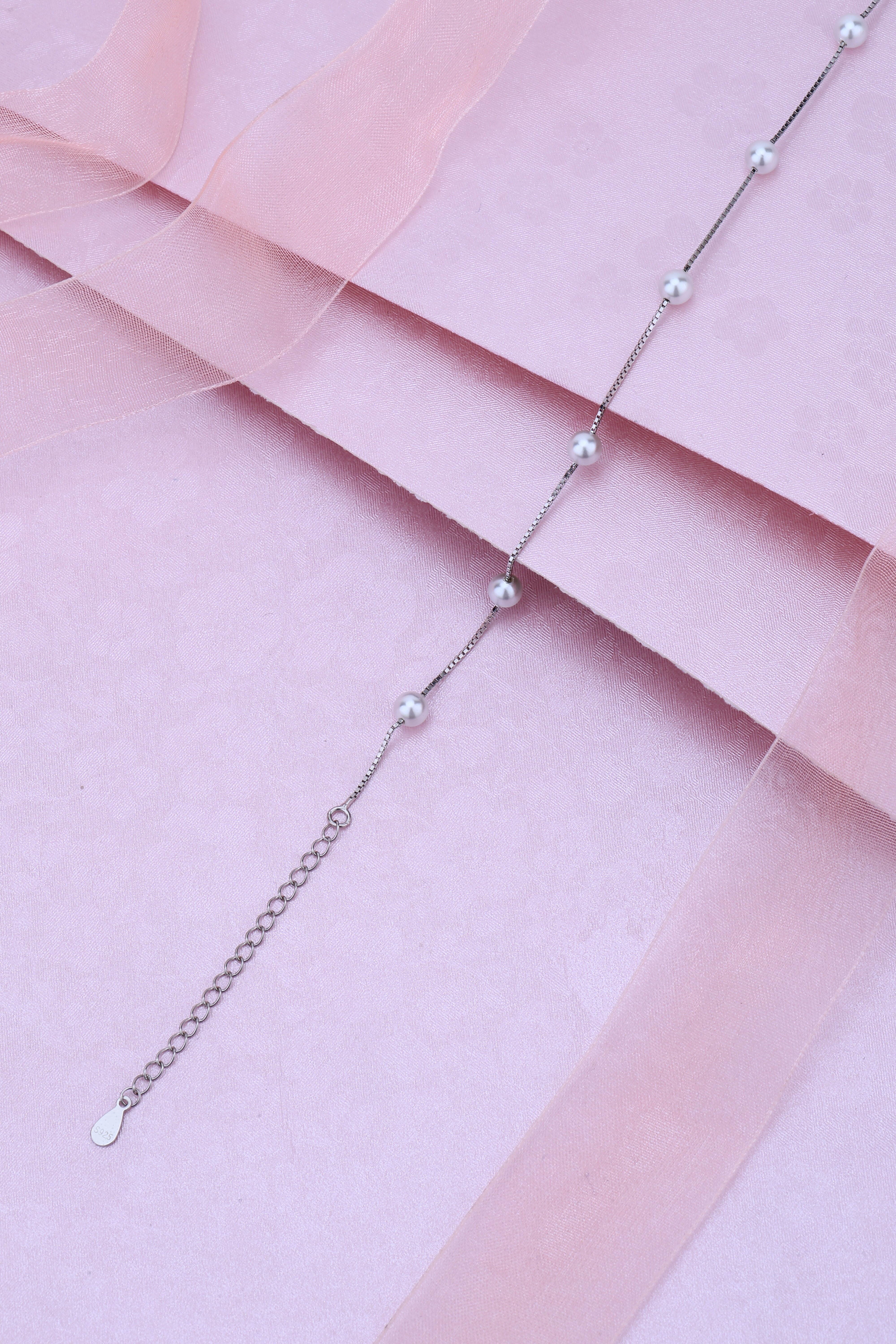 925 Sterling Silver Delicate Pearl Beaded Anklet with Adjustable Chain