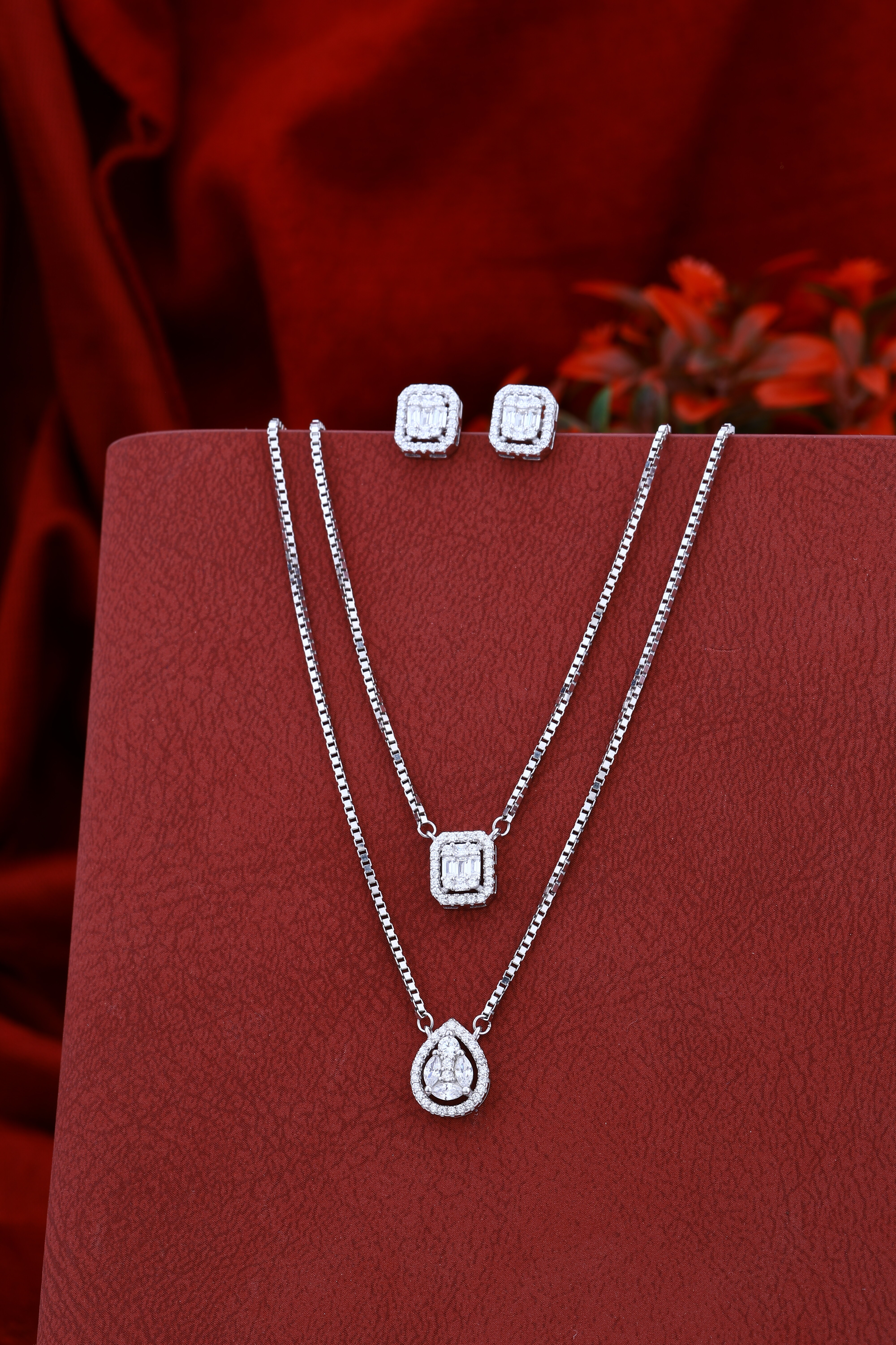 Double Layer Dazzle: Women's Pave Pendant Necklace & Stud Set | Lightweight Regular Wear