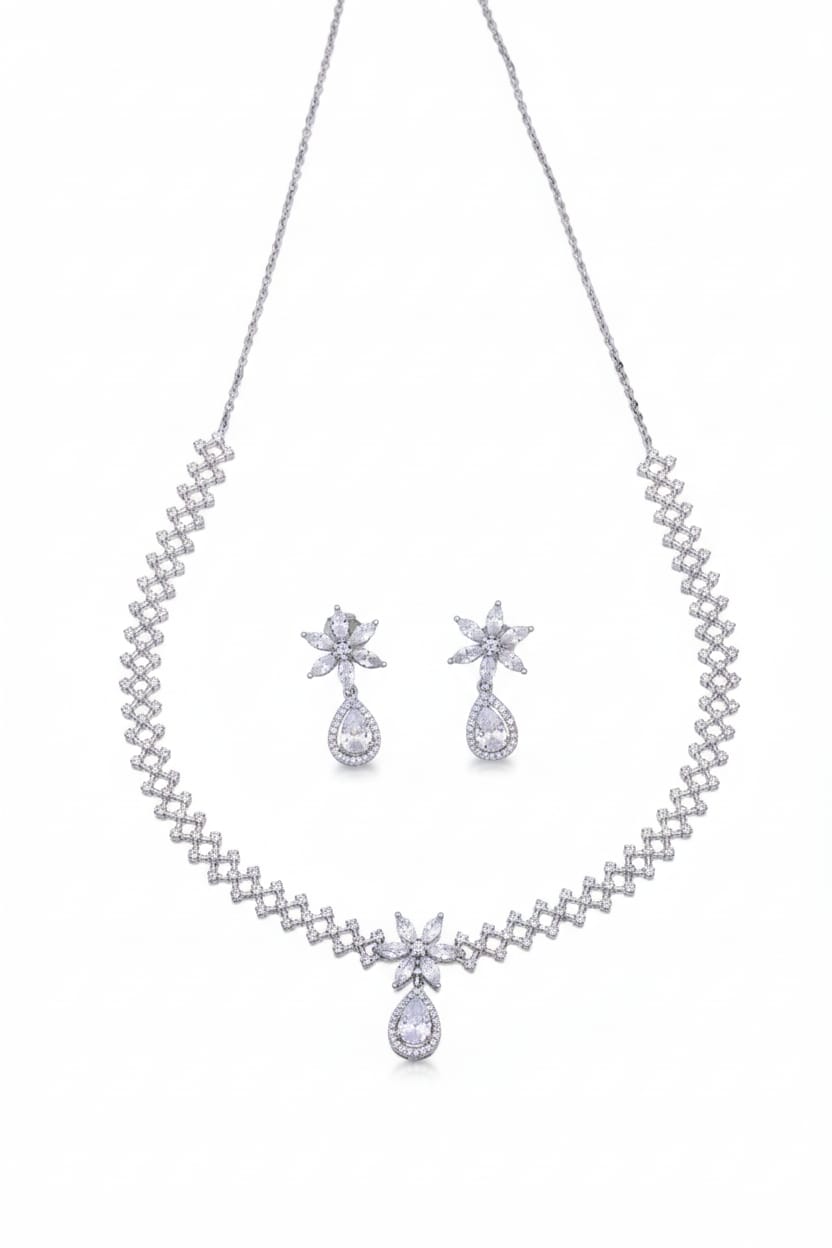 Regal Shine: Women's Pave Necklace & Earring Set | Elegant Regular Wear 925 Silver Necklace Set | Elegant Party & Occasion Wear Jewelry
