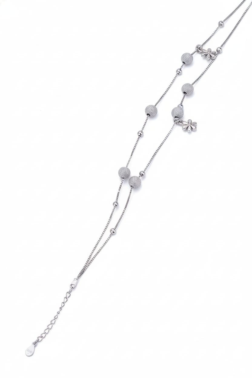 925 Sterling Silver Double Layer Anklet with Textured Beads – Elegant Everyday Footwear Jewellery for Women