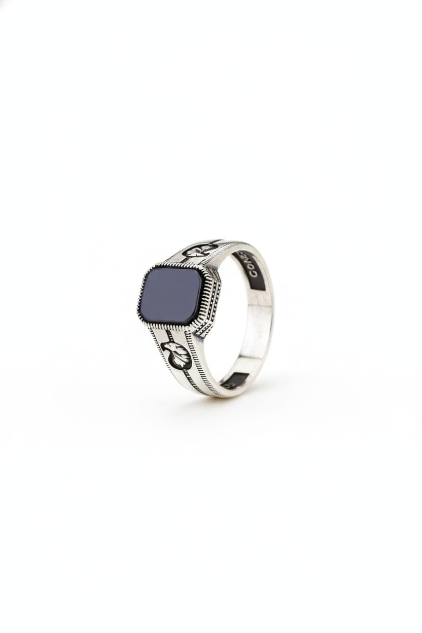 Men’s 925 Sterling Silver Antique Signet Ring with Matte Black Square Stone