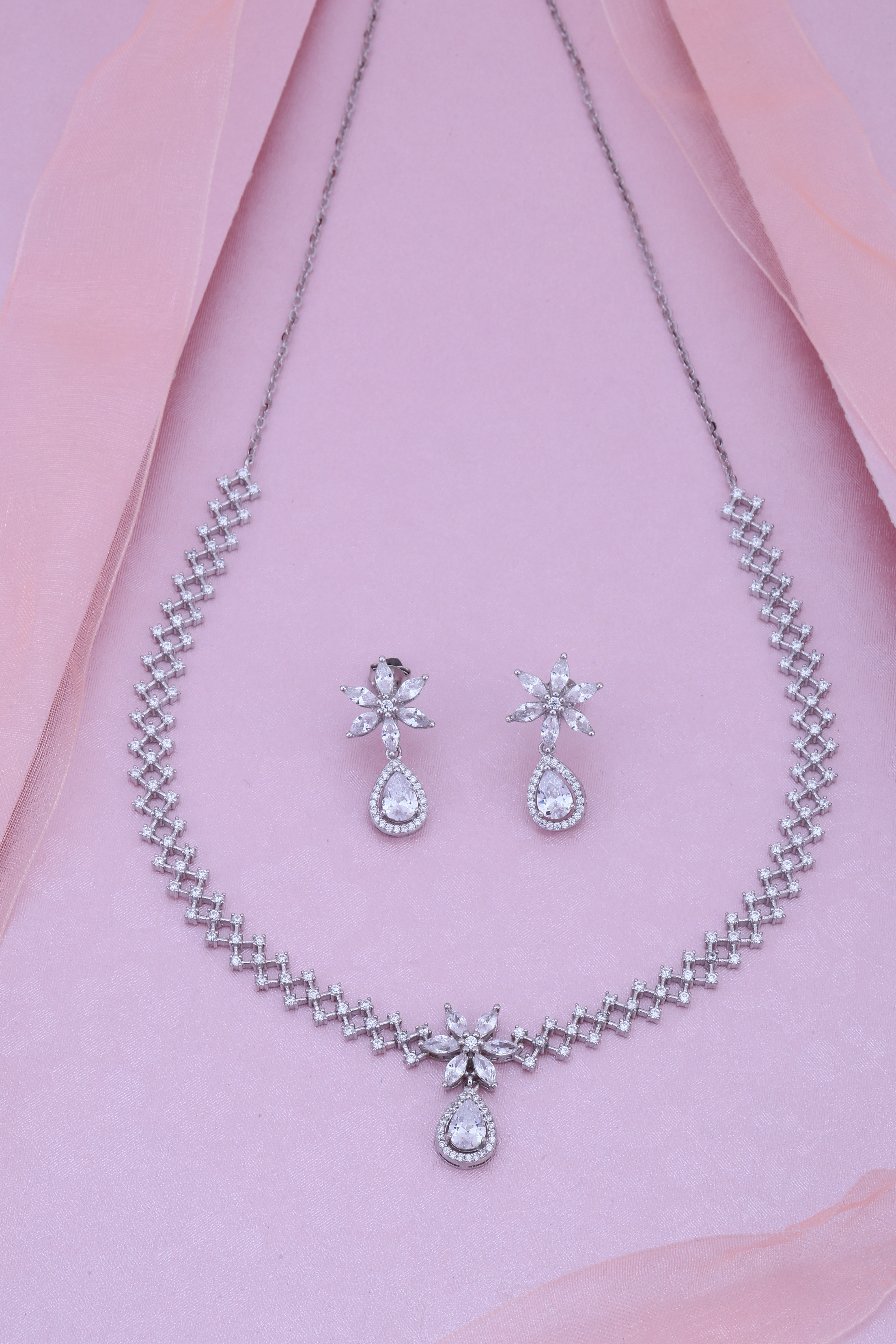 Regal Shine: Women's Pave Necklace & Earring Set | Elegant Regular Wear 925 Silver Necklace Set | Elegant Party & Occasion Wear Jewelry