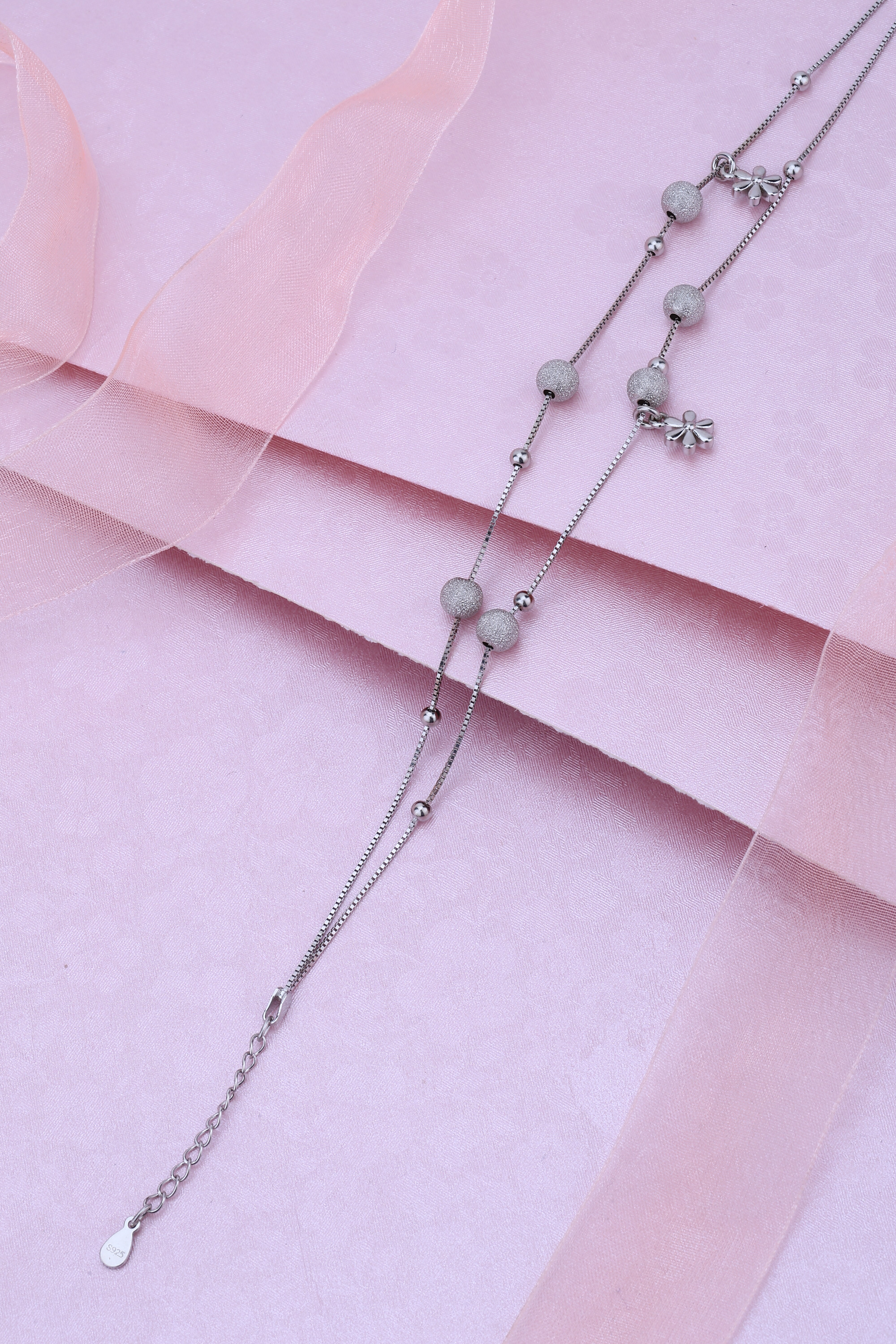 925 Sterling Silver Double Layer Anklet with Textured Beads – Elegant Everyday Footwear Jewellery for Women