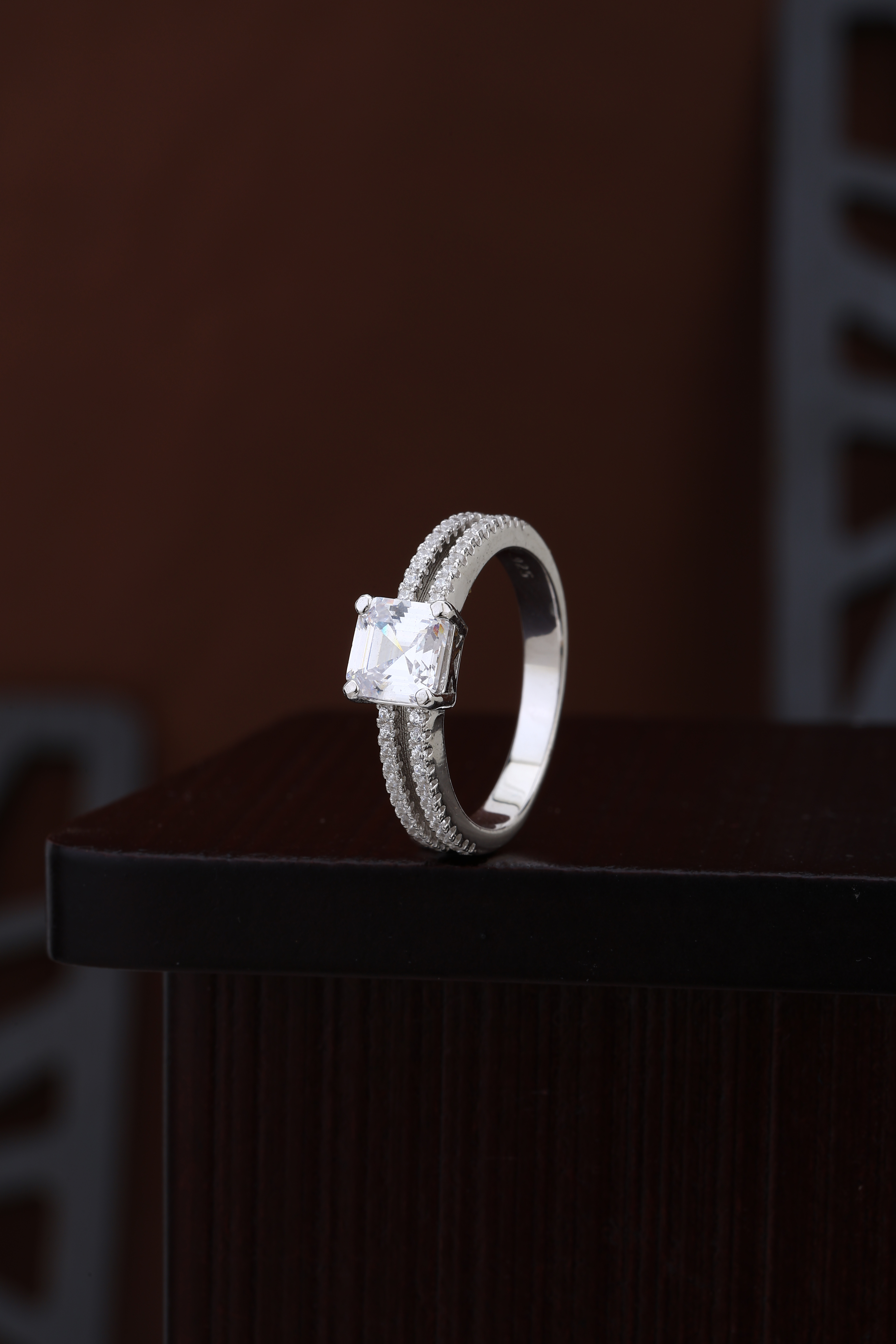 Lightweight Double-Pave Asscher Solitaire Ring in 925 Silver — Delicate Daily-Wear Design